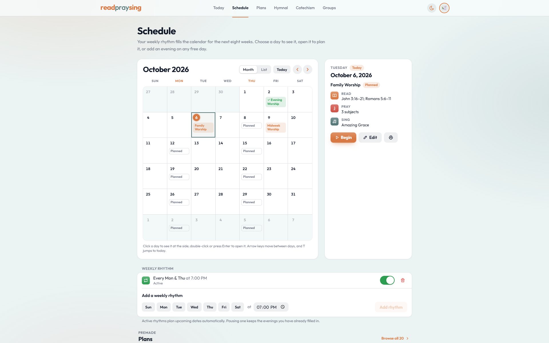 The month calendar with premade plans